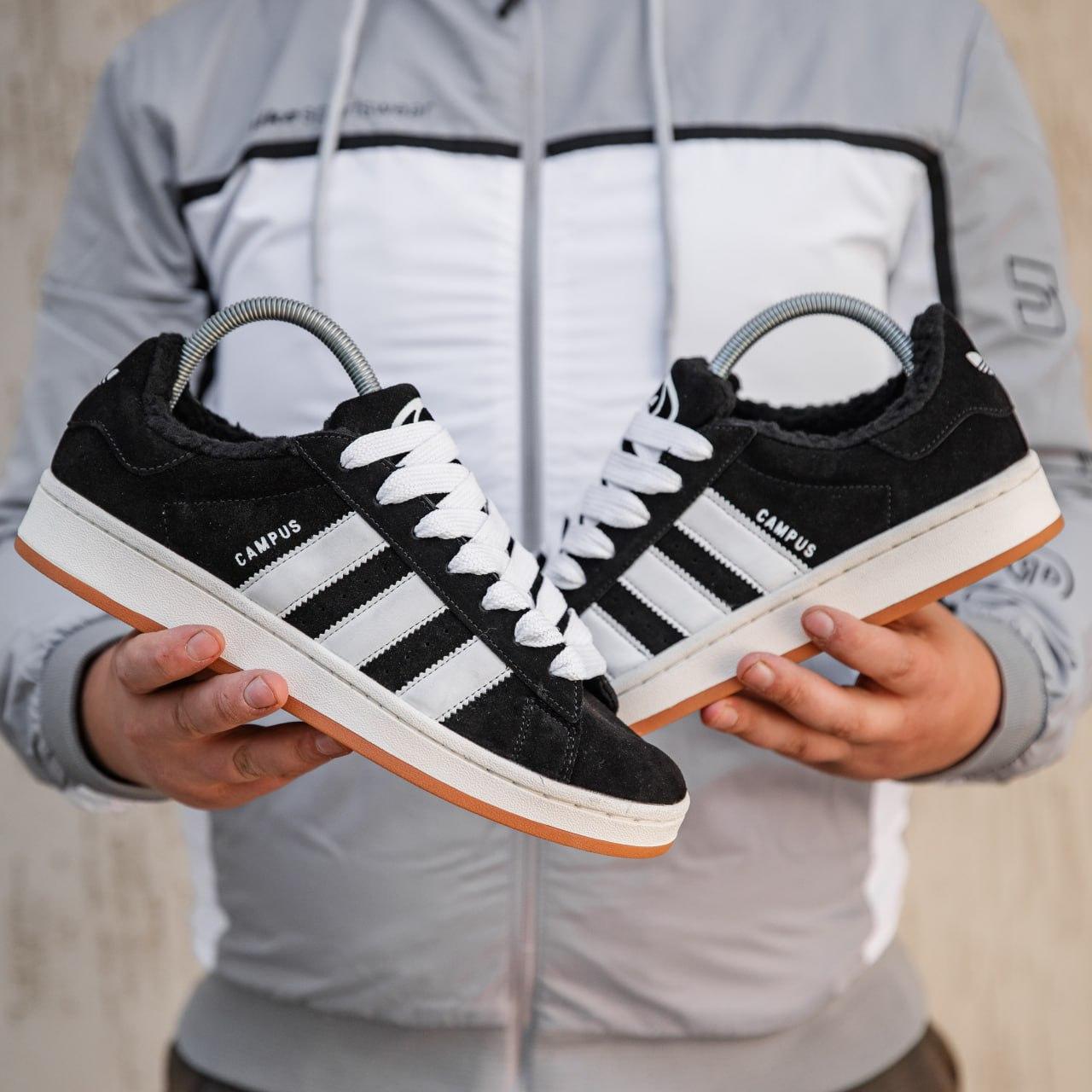 Чоловічі зимові кросівки Adidas Campus (чорні з білим) якісні утеплені кеди з хутром 2523 топ, фото 1