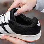 Чоловічі зимові кросівки Adidas Campus (чорні з білим) якісні утеплені кеди з хутром 2523 топ, фото 5