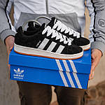 Чоловічі зимові кросівки Adidas Campus (чорні з білим) якісні утеплені кеди з хутром 2523 топ, фото 6