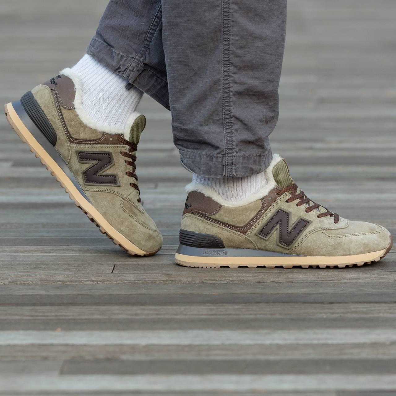 Жіночі зимові кросівки New Balance 574 Winter Haki (хакі з коричневим) практичні кроси з хутром I1544 топ, фото 1