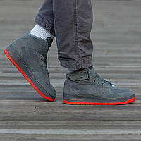 Мужские зимние кроссовки Nike Air Force Winter Grey/Red (серые с красным) высокие кеды с мехом I1546 топ