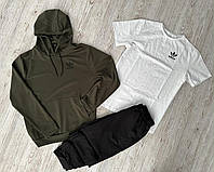 Демісезонний спортивний костюм Adidas худі хакі + штани (двонитка) + Футболка біла Adidas