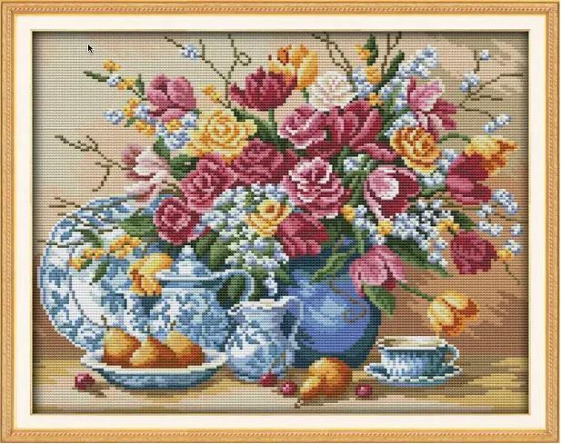 Набір для вишивання за нанесеною на канву схемою "Fruit plate and vase". AIDA 14CT printed, 38*33 см