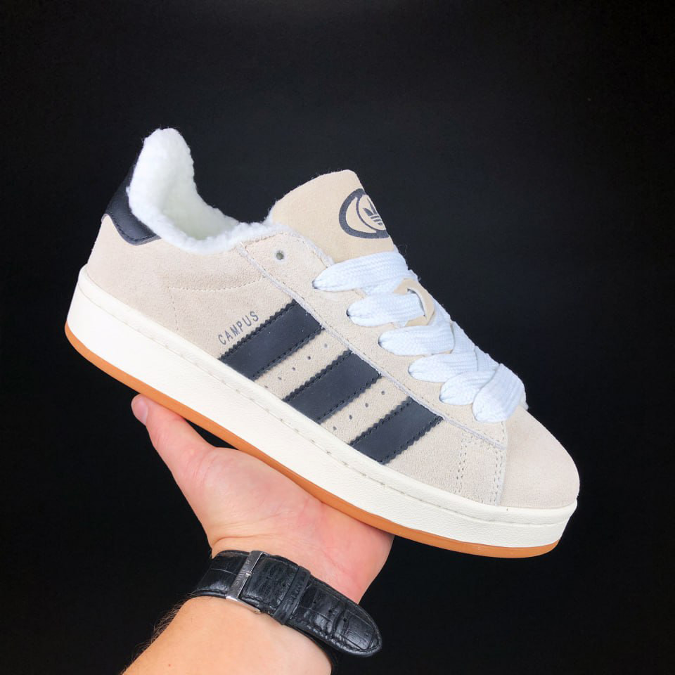 Жіночі зимові кросівки Adidas Campus замшеві повсякденні на хутрі бежеві чорні