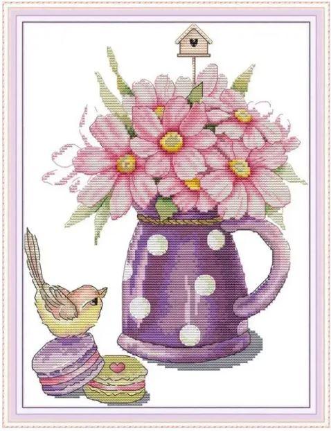 Набір для вишивання за нанесеною на канву схемою "Bird and Vase ".AIDA 14CT printed , 28*35 см