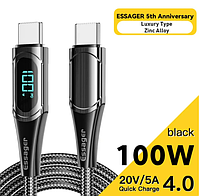 Кабель Essager быстрая зарядка c цифровым дисплеем Type-C to Type-C PD 100W 5A 1м