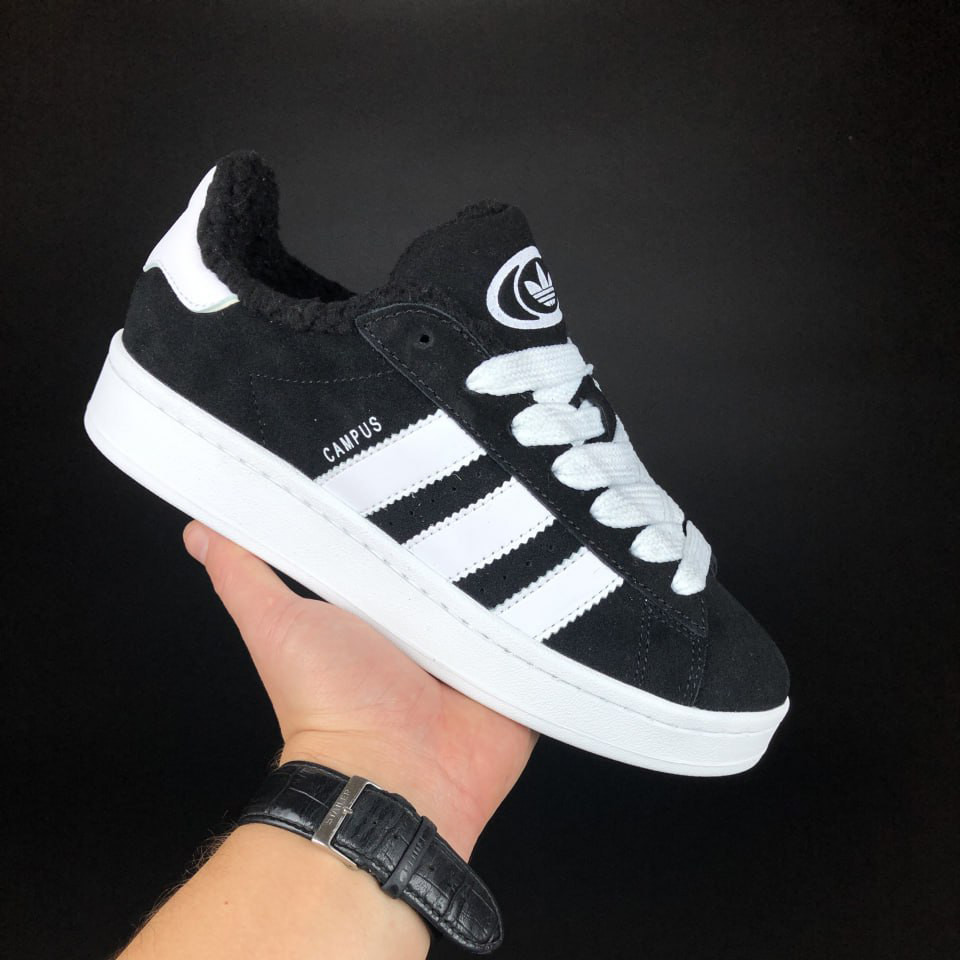 Жіночі зимові кросівки Adidas Campus замшеві стильні молодіжні чорно-білі