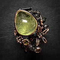 Серебряное кольцо женское с натуральными резным зеленым бериллом и турмалинами ручной работы
