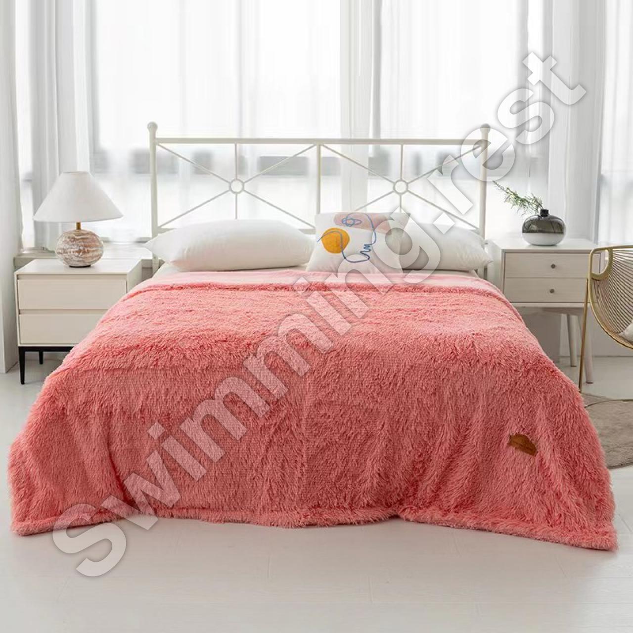 Хутряний плед покривало Травка на овчинці Євро 220x240 см Рожевий у подарунковій сумці, фото 1