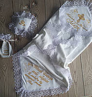 Іменна махрова крижма з вишивкою, Хрестильний комплект (крижмо, подушечка, мішечок)