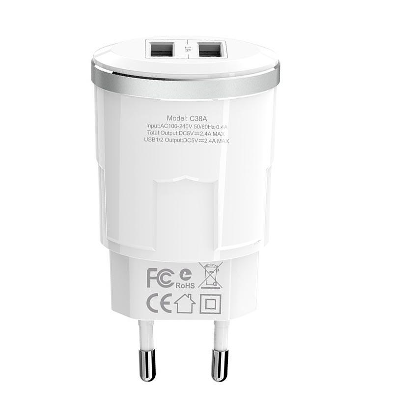 Адаптер мережевий Hoco Thunder C38A на 2 порти USB-A блок живлення білий, фото 1