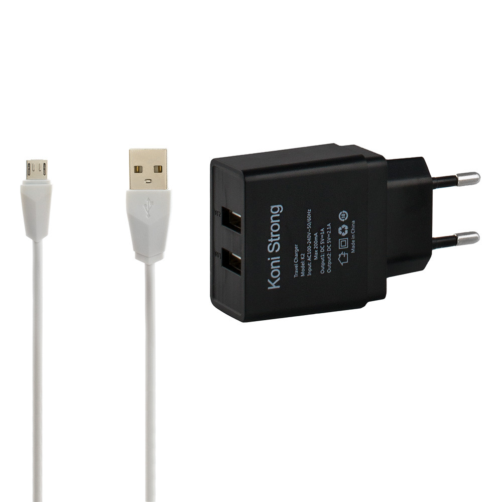 Адаптер мережевий micro cable KONI STRONG K2 2USB 2.1 A набір з кабелем мікросб чорний, фото 1
