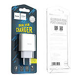 Адаптер мережевий Hoco Glorious C73A на 2 USB-порти сам блок білий, фото 5