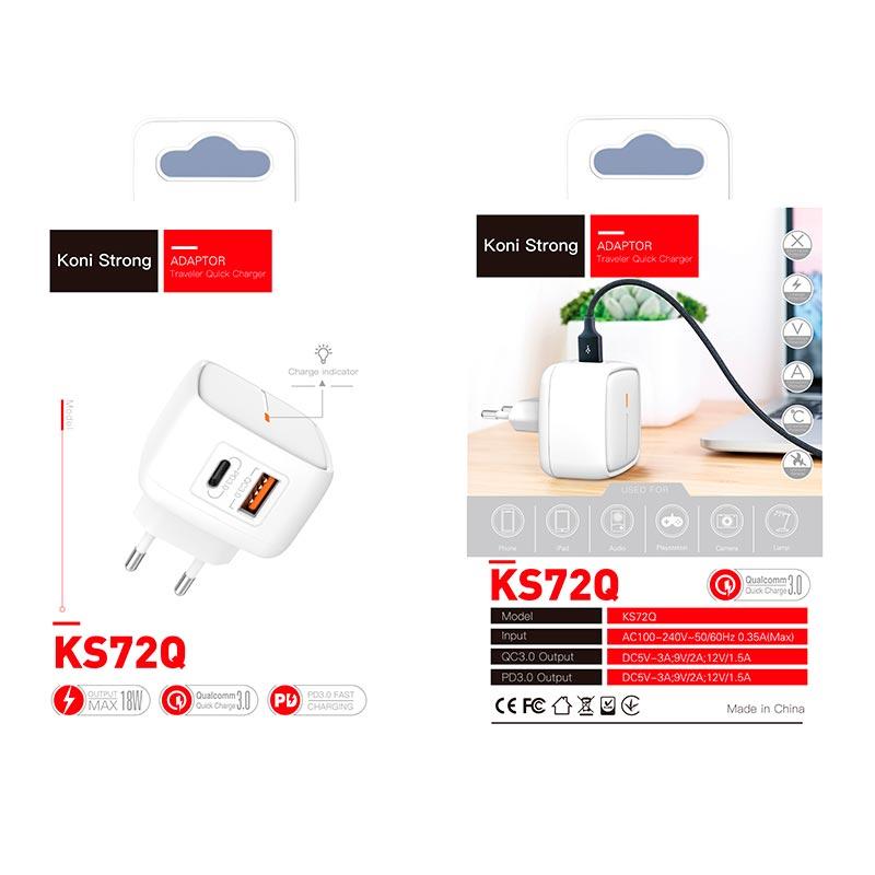 Адаптер мережевий KONI Strong KS72Q 2 порти 1USB і 1Type-C 3A QC PD, фото 1