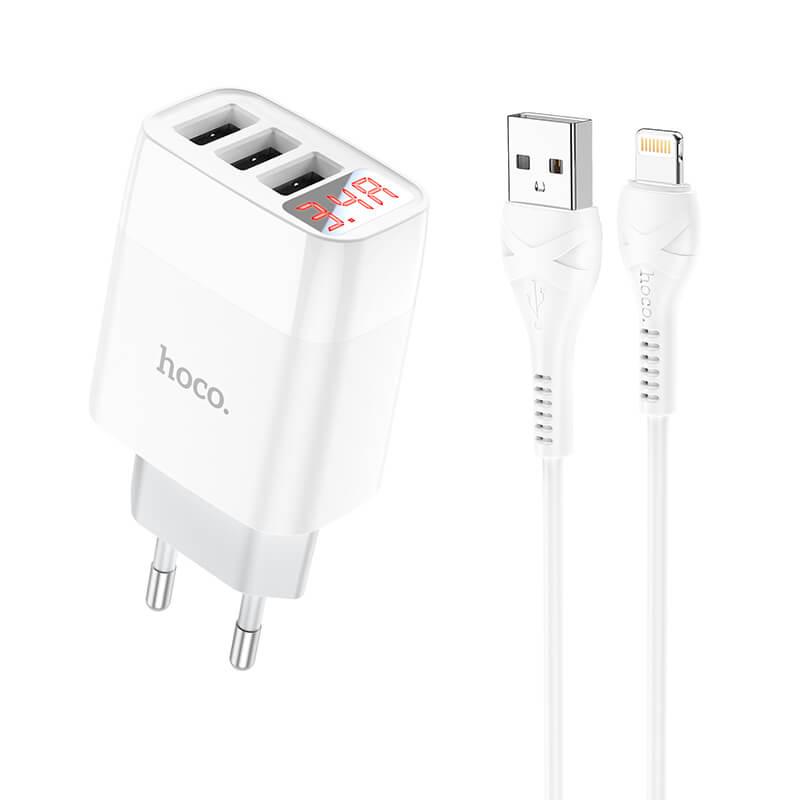 Блок зарядний набір HOCO Easy charge C93A Lightning cable 3USB білий, фото 1