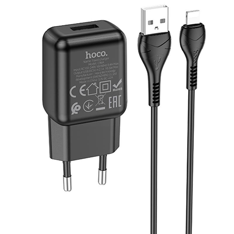 Адаптер мережевий HOCO Lightning cable single port charger set C96A чорний, фото 1