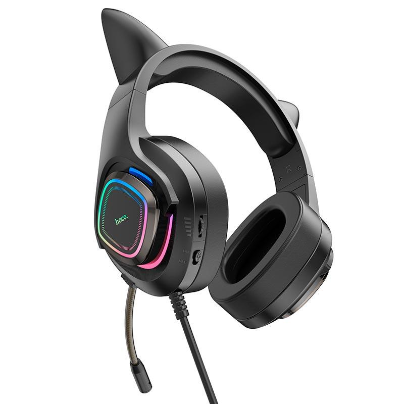 Навушники HOCO W107 Cute cat luminous cat ear gaming headphones чорно-зелені, фото 1
