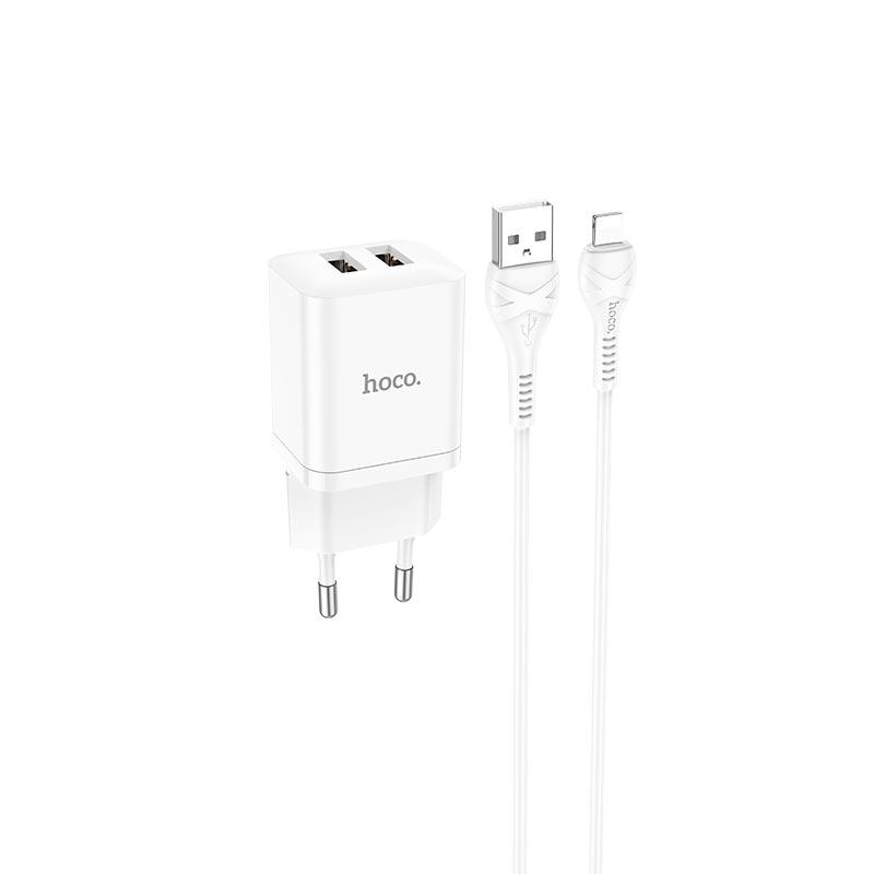 Набір блок і кабель HOCO N25 Maker + Lightning Cable dual port 2USB 2.1A білий, фото 1
