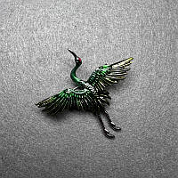 Брошка Журавель зелена емаль, сріблястий метал 47х45мм купити біжутерію оптом в інтернеті