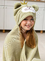 Куточок рушник халат пончо для дітей з капюшоном мікрофібра супер якість Котик корона зелений