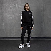Зимний спортивный костюм Adidas женский на флисе черный | Комплект утепленный Свитшот + Штаны Адидас