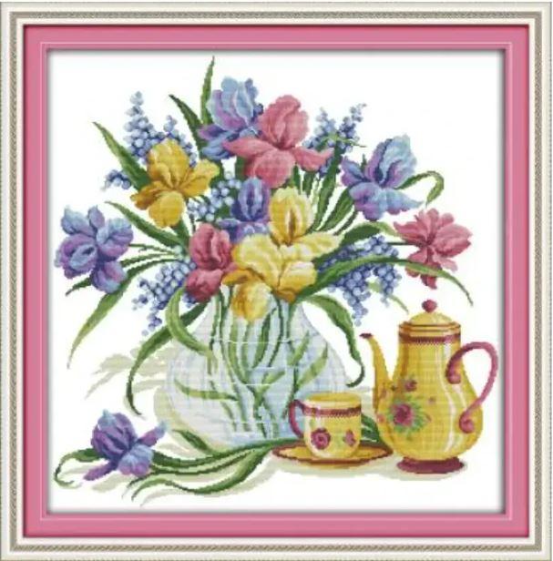 Набір для вишивання за нанесеною на канву схемою "Flowers and kettle". AIDA 14CT printed 58*58 см