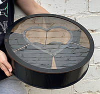 Деревянный Бокс с сердцем всредине и прозрачной крышкой черный, 38 см, коробка сердце с перегородками чёрная