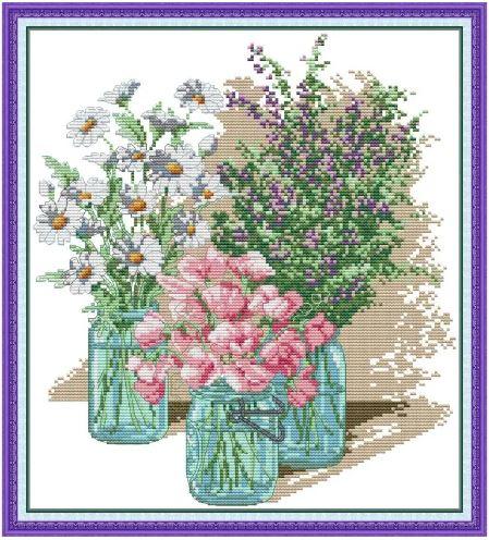 Набір для вишивання за нанесеною на канву схемою "Three Bottles of Flowers". AIDA 14CT printed 33*36 см