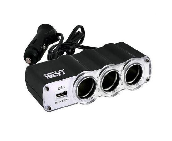 Автомобільний зарядний пристрій WF-0096 USB 3 роз'єм прикурювача сріблясто-чорний, фото 1