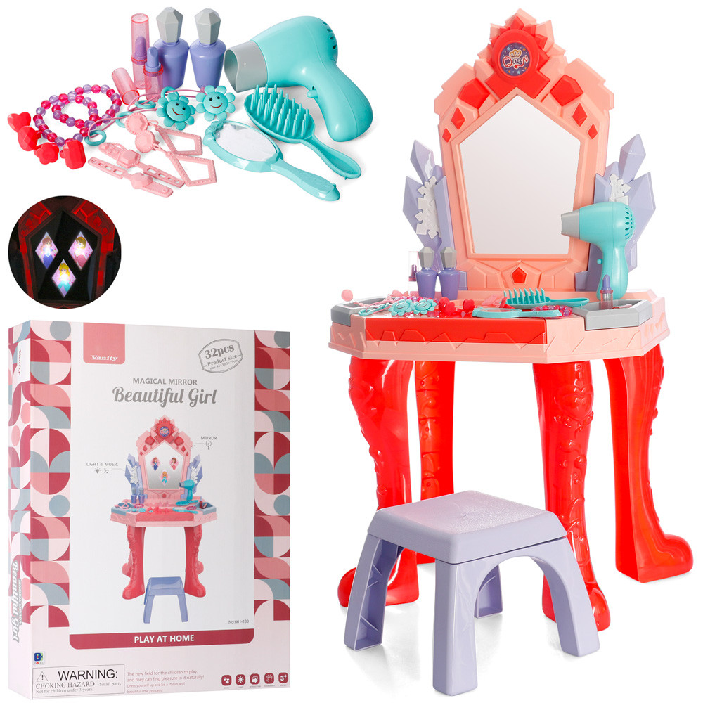 Трюмо для дівчинки Beautiful Girl 661-133, 32 елементи, з дзеркалом, стільчиком, феном, косметикою, музичні, фото 1