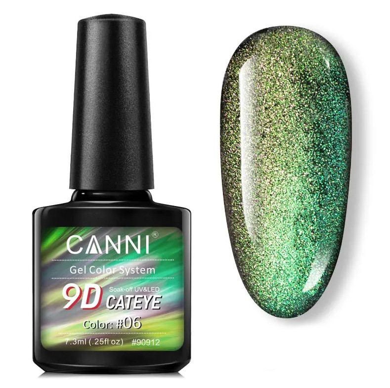 Гель-лак котяче око 9D Canni № 06 темно-зелено-салатовий 7.3 мл, фото 1