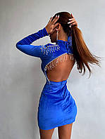 Короткое платье с открытой спиной и декором из бахромы из страз бархатное (р. S, M) 66035460Е