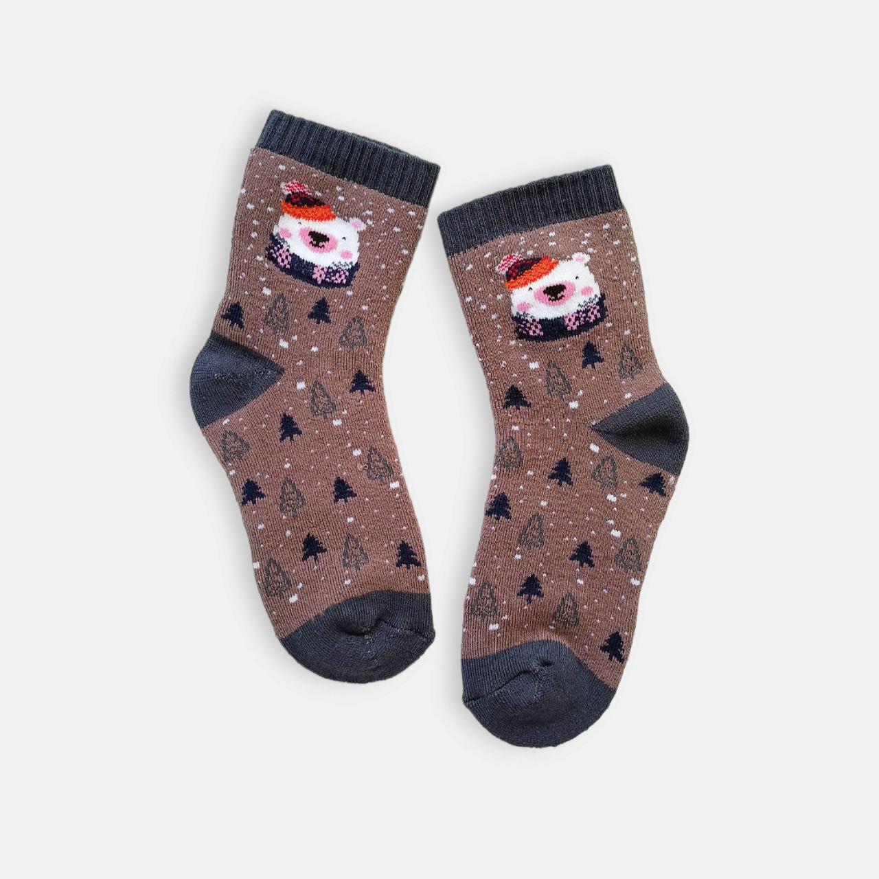 Махрові шкарпетки дитячі на зиму з принтами: снігові, ведмідь, динозаврики р. 14-16, 18-20, 22-24 14-16, Ведмідь капучино