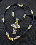 Шкіряний шнурок зі срібними позолоченими православними вставками та хрестом., фото 6