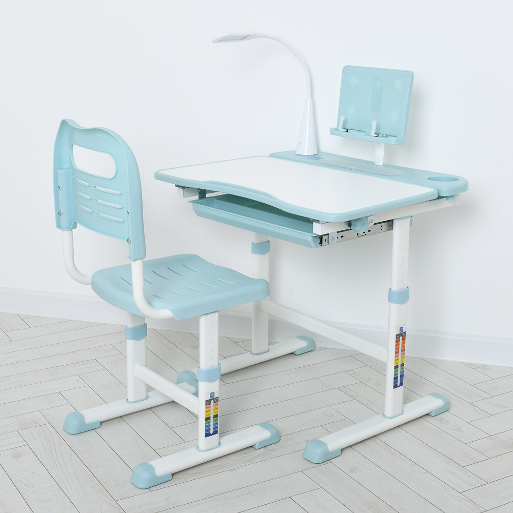 Регульована парта зі стільчиком BAMBI M 4428-12 блакитний з ящиком і підставкою для книг та лампою, фото 1