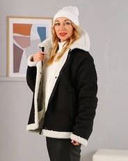 Жіноча утеплена куртка, дублянка чорна з еко-замші з коміром розміри від 44 до 50, фото 2