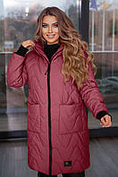 Зимнее пальто куртка пуховик с капюшоном цвет марсала больших размеров 48-50, 52-54, 56-58