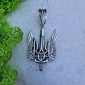 Срібний кулон "Тризуб з крилами та мечем" 925° проби з чорнінням | Срібний Герб України, фото 2