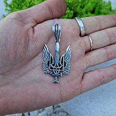 Срібний кулон "Тризуб з крилами та мечем" 925° проби з чорнінням | Срібний Герб України, фото 3