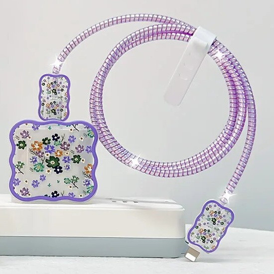 Чохол для блока ЗП iPhone iPad 18/20W + захист кабелю Квіточки Flower Purple (5 в 1)