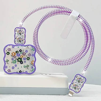Чохол для блока ЗП iPhone iPad 18/20W + захист кабелю Квіточки Flower Purple (5 в 1), фото 1