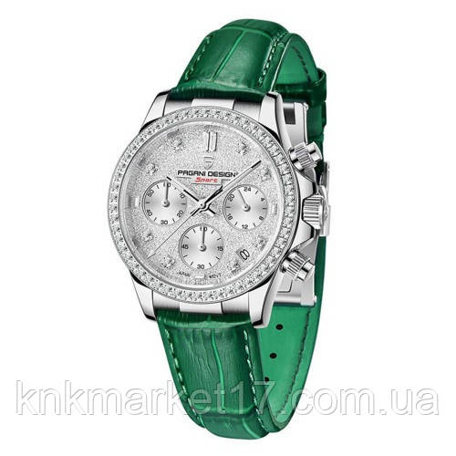 Гібридний (Кварц + механічний хронограф) годинник із сапфіровим склом Pagani Design PD-1730 Silver-Green