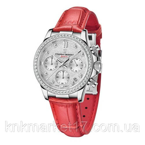 Гібридний (Кварц + механічний хронограф) годинник із сапфіровим склом Pagani Design PD-1730 Silver-Red