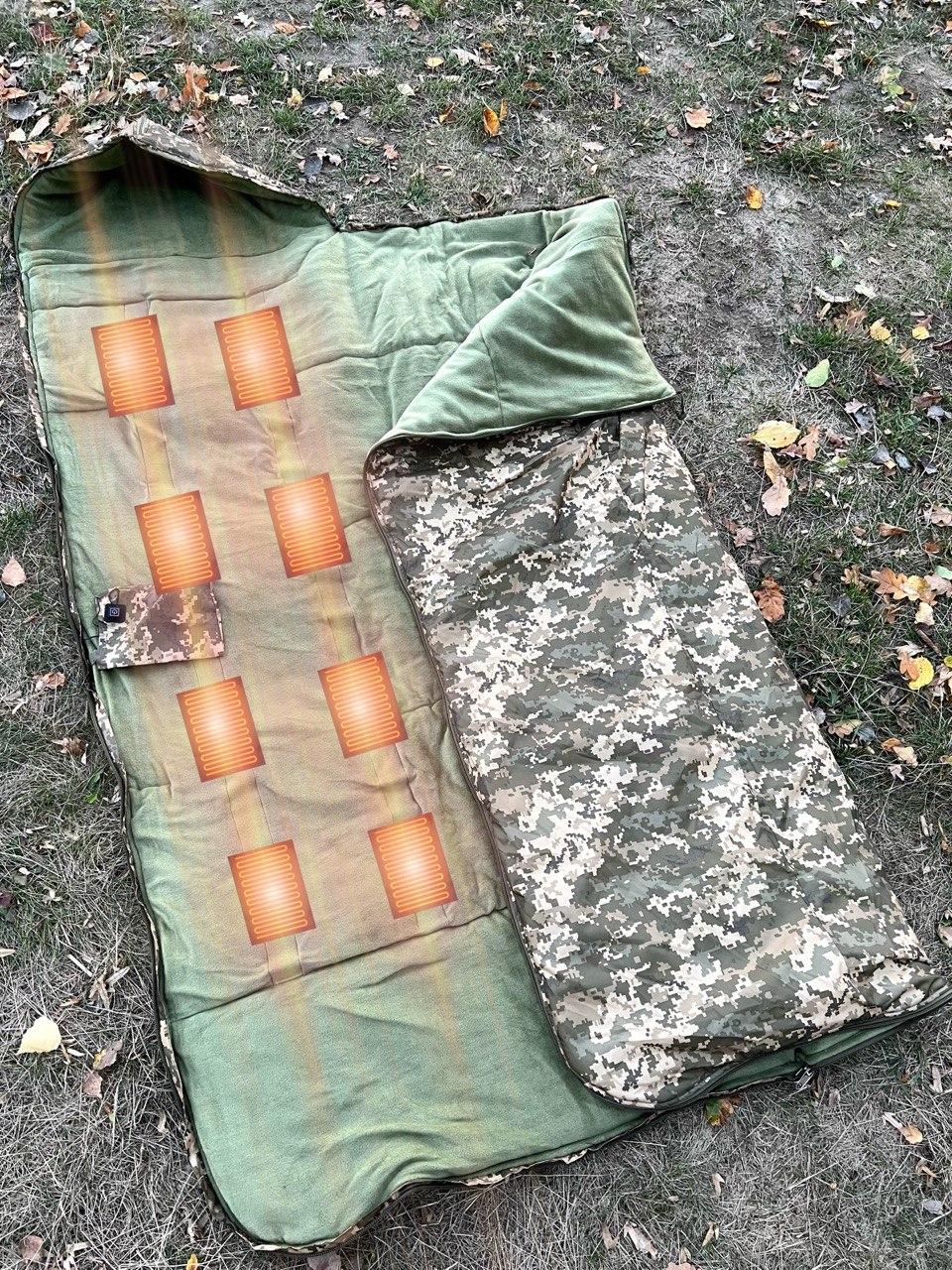 Спальний мішок зимовий з підігрівом до -30 спальник 100х243см великий, теплий з флісом та синтепоном. Піксель