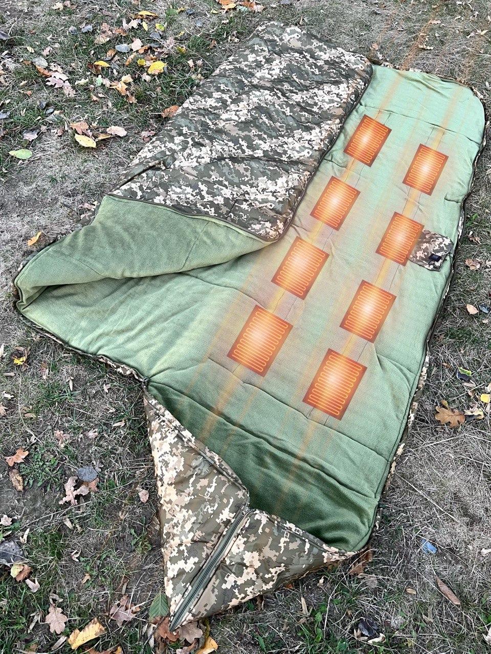 Спальний мішок із підігрівом від USB 100х243см. Спальник зимовий до -30 великий, теплий з флісом та синтепоном. Піксель, фото 1