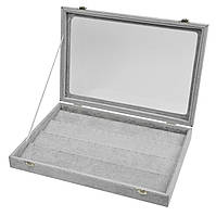 Ювелирный планшет кейс под стеклом серый велюр ступеньки с прорезями под кулоны,серьги 35х24х5 см Premium