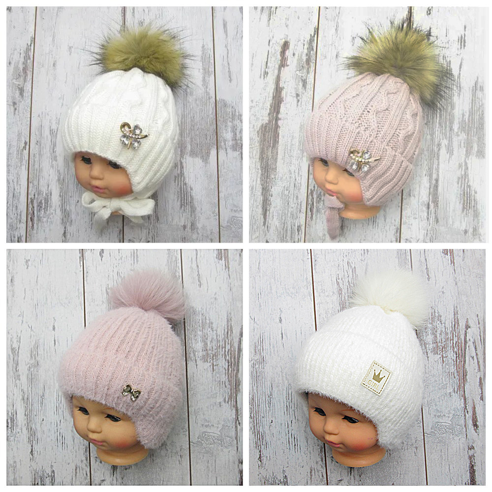 46-52 1-4 роки зимова в'язана шапка на дівчинку з хутряним помпоном з хутра 4549