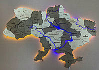 Дерев'яна карта України з підсвіткою річок та по контуру з натурального дерева Cinnamon river 90х60 см