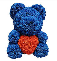 Мишка из роз синий с красным сердцем 35 см