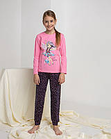 Пижама для девочки трикотажная хлопковая кофта с длинным рукавом и штаны с рисунком розовая 8-9, 10-11, 12-13